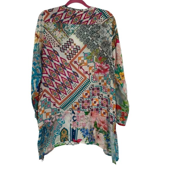Johnny Was Large Multicolor Floral Boho Tunic Mixed Print Kimono Rayon V-Neck - Picture 2 of 11